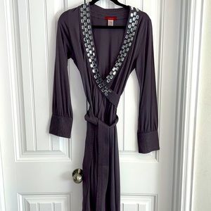 Gray wrap dress with gem embellishments